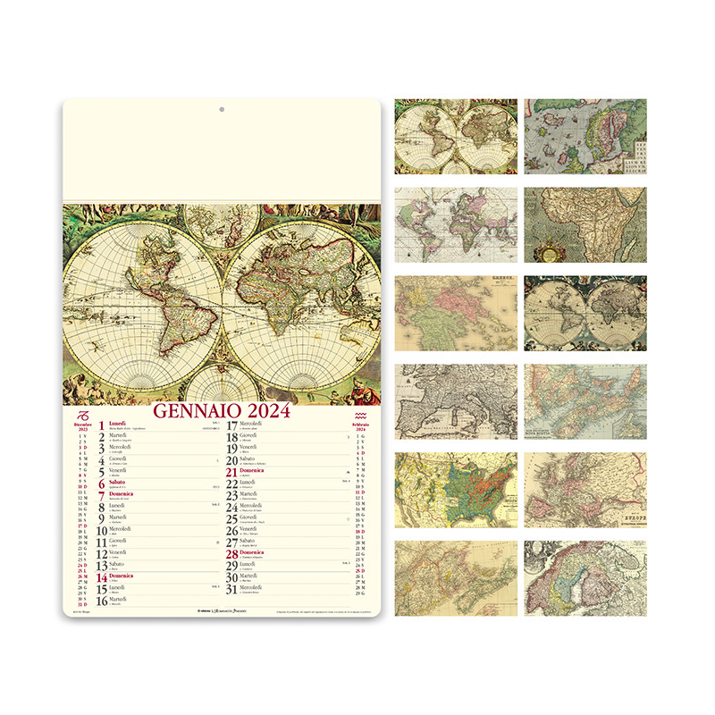 Calendar 2024 Ancient Maps 31 x 52.5 cm wall. Vintage Italian Almanac