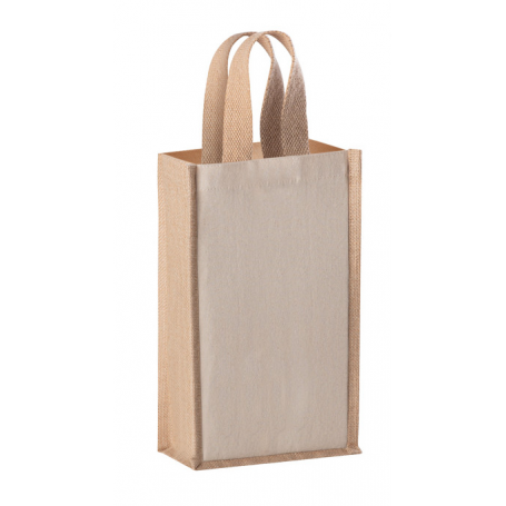 Shopper Porte-bouteille en coton laminé et jute. 2 bouteilles. Bouble présent